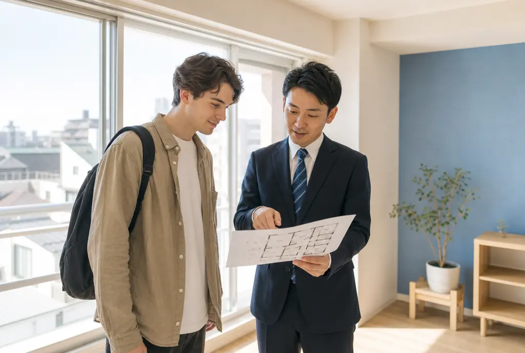 住まいの間取りを確認する相談者と担当者